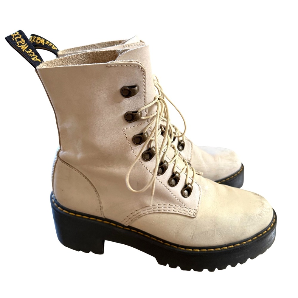 Dr. Martens Leona Temperley Leather Platform Heeled Combat Boots‎ Size 10 Bone